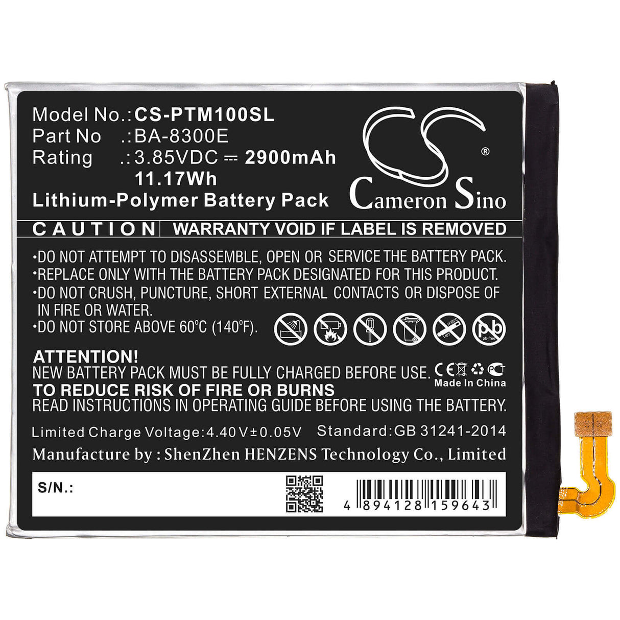 3,85V, Li-Polymère, 2900mAh, batterie de smartphone compatible avec Pantech, Ba-8300e, Im-100, Im-100k, 11,17Wh Mobile, Smartphone Cameron Sino Technology Limited (Smartphone)