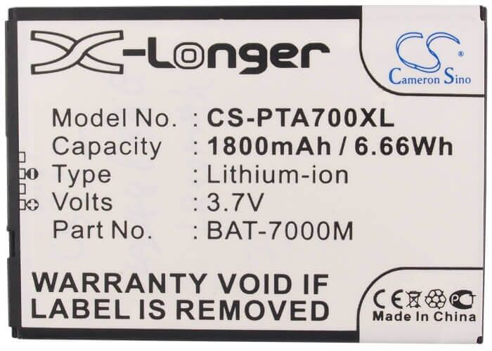 3.7V, Li-ion, 1800mAh, SmartPhone battery fits Pantech, Sky, Bat-7000m, T100k, 6.66Wh Mobile, SmartPhone Cameron Sino Technology Limited (Suspended)