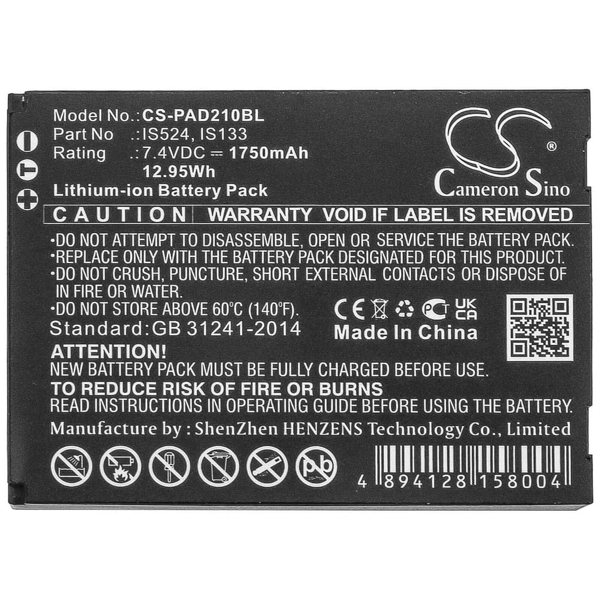 7.4V, Li-ion, 1750mAh, Payment Terminal battery fits Pax, Is133, D210, D210 Bluetooth, 12.95Wh Payment Terminal Cameron Sino Technology Limited