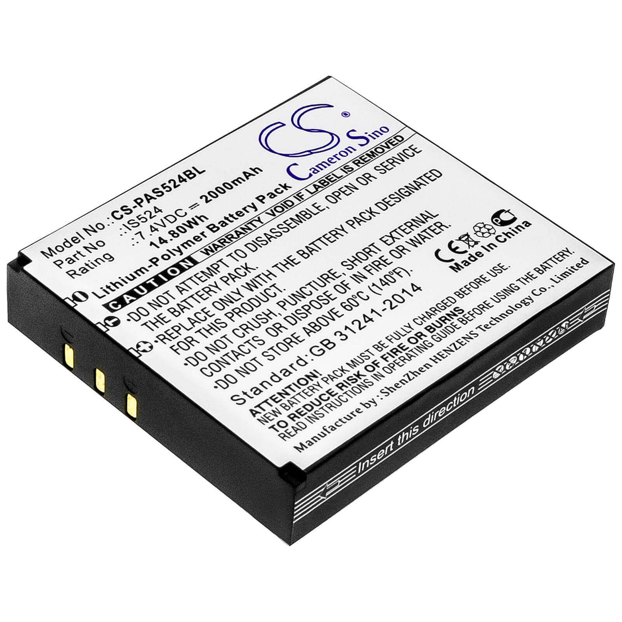 7.4V, Li-Polymer, 2000mAh, Payment Terminal battery fits Pax, Is524, D210, Is524, 14.80Wh Payment Terminal Cameron Sino Technology Limited