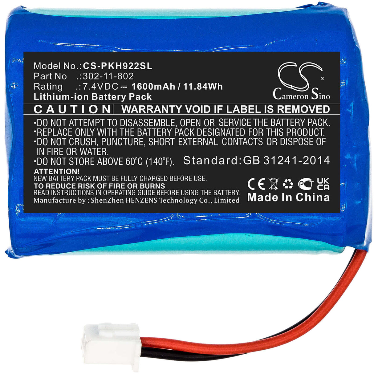 7.4V, Li-ion, 1600mAh, Batterie d'équipement compatible avec Peaktech, 302-11-802, DVB-C, Dvb-c/s/t, 11.84Wh Équipement, Enquête, Test Cameron Sino Technology Limited