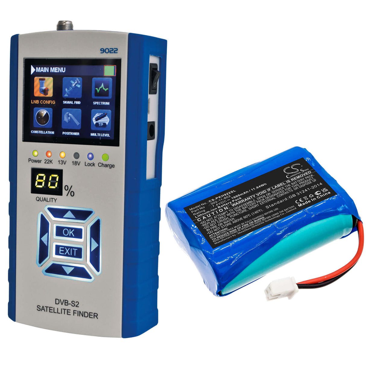 7.4V, Li-ion, 1600mAh, Batterie d'équipement compatible avec Peaktech, 302-11-802, DVB-C, Dvb-c/s/t, 11.84Wh Équipement, Enquête, Test Cameron Sino Technology Limited