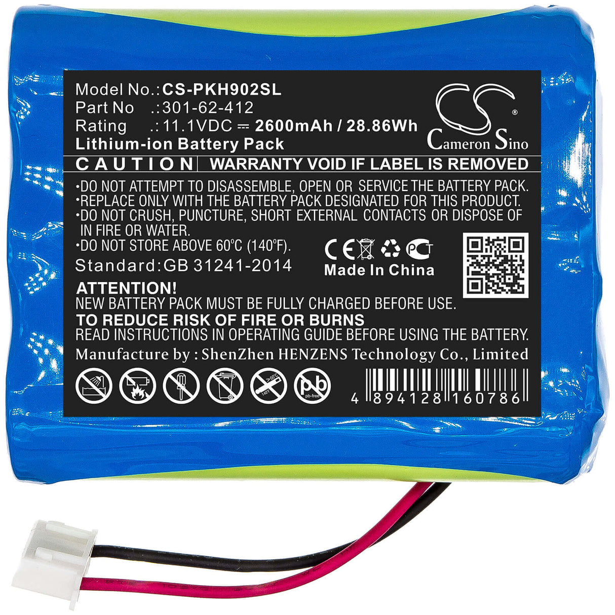 11.1V, Li-ion, 2600mAh, Batterie d'équipement compatible avec Peaktech, 301-62-412, P 9020, P9020a, 28.86Wh Équipement, Enquête, Test Cameron Sino Technology Limited