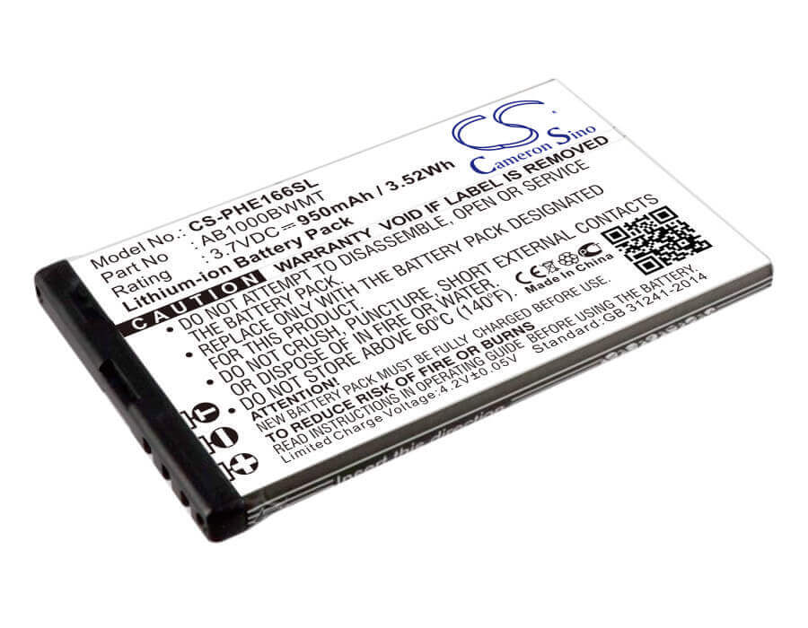 3.7V, Li-ion, 950mAh, SmartPhone battery fits Philips, Ab1000bwmt, Cte166, E166, 3.52Wh Mobile, SmartPhone Cameron Sino Technology Limited (Smartphone)