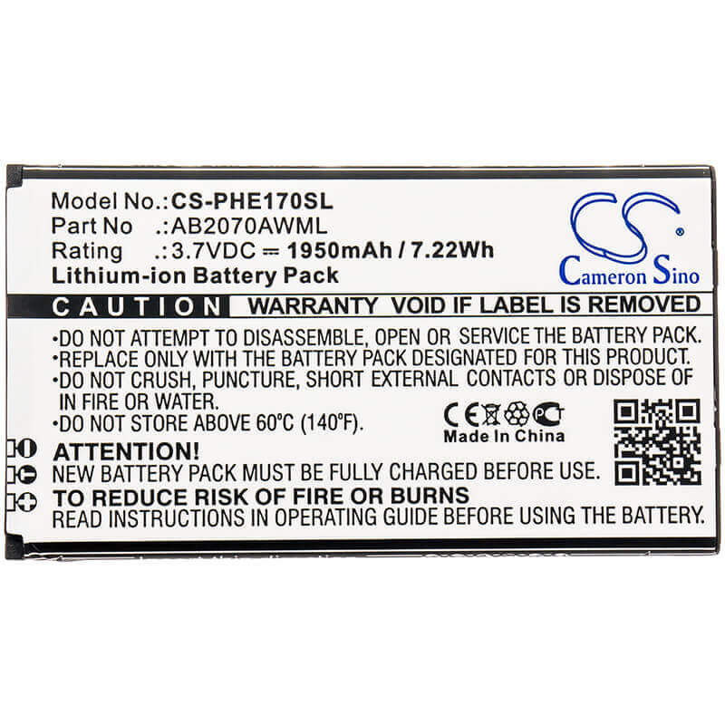 3.7V, Li-ion, 1950mAh, SmartPhone battery fits Philips, Ab2070awml, Cte170, E170, 7.22Wh Mobile, SmartPhone Cameron Sino Technology Limited (Suspended)