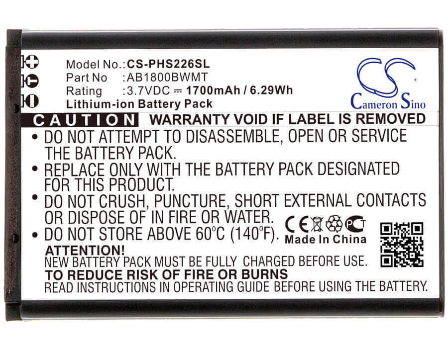 3.7V, Li-ion, 1700mAh, SmartPhone battery fits Philips, Ab1800bwmt, Cts226m, S226m, 6.29Wh Mobile, SmartPhone Cameron Sino Technology Limited (Smartphone)