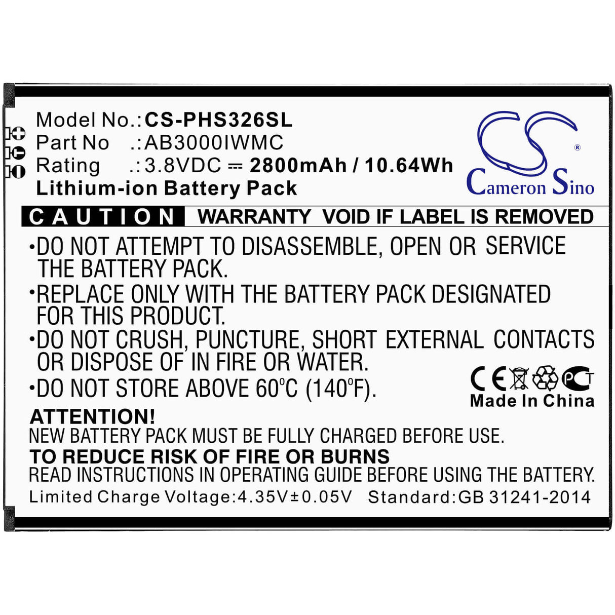 3.8V, Li-ion, 2800mAh, SmartPhone battery fits Philips, Ab3000iwmc, Cts326, Xenium S326, 10.64Wh Mobile, SmartPhone Cameron Sino Technology Limited (Smartphone)