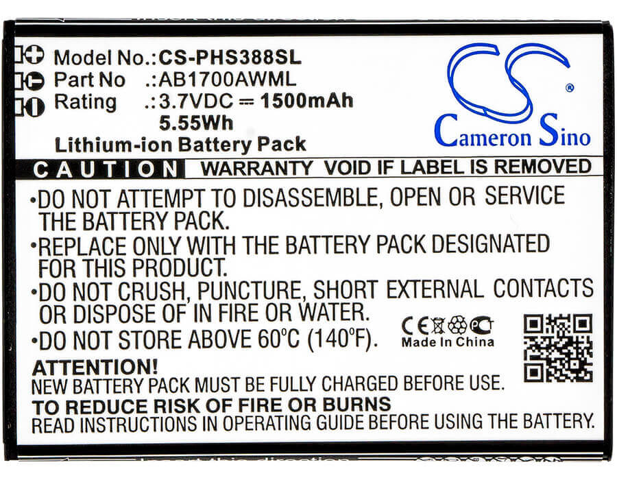 3.7V, Li-ion, 1500mAh, SmartPhone battery fits Philips, Ab1700awml, Cts388, S388, 5.55Wh Mobile, SmartPhone Cameron Sino Technology Limited (Suspended)