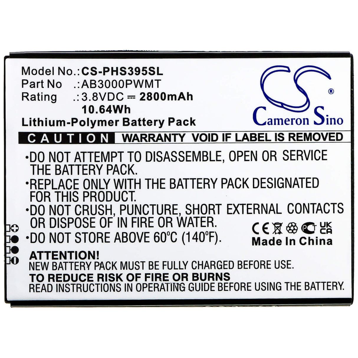 3.8V, Li-Polymer, 2800mAh, SmartPhone battery fits Philips, Ab3000pwmt, Cts395, Xenium S395, 10.64Wh Mobile, SmartPhone Cameron Sino Technology Limited (Smartphone)