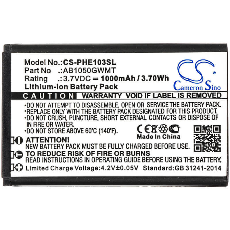 3.7V, Li-ion, 1000mAh, SmartPhone battery fits Philips, Ab1050gwmt, E103, E106, 3.7Wh Mobile, SmartPhone Cameron Sino Technology Limited (Smartphone)