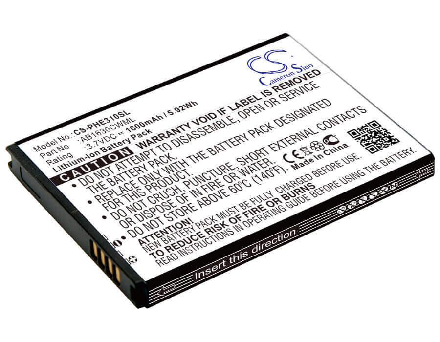 3.7V, Li-ion, 1600mAh, SmartPhone battery fits Philips, Ab1630cwml, E310, X2560, 5.92Wh Mobile, SmartPhone Cameron Sino Technology Limited (Smartphone)