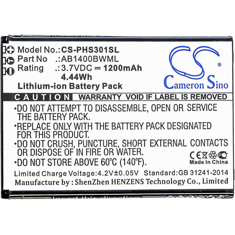 3.7V, Li-ion, 1200mAh, SmartPhone battery fits Philips, Ab1400bwml, S301, S308, 4.44Wh Mobile, SmartPhone Cameron Sino Technology Limited (Smartphone)