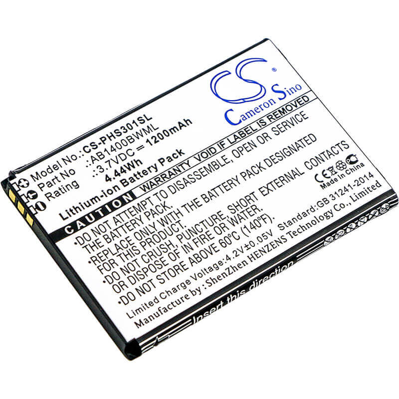 3.7V, Li-ion, 1200mAh, SmartPhone battery fits Philips, Ab1400bwml, S301, S308, 4.44Wh Mobile, SmartPhone Cameron Sino Technology Limited (Smartphone)