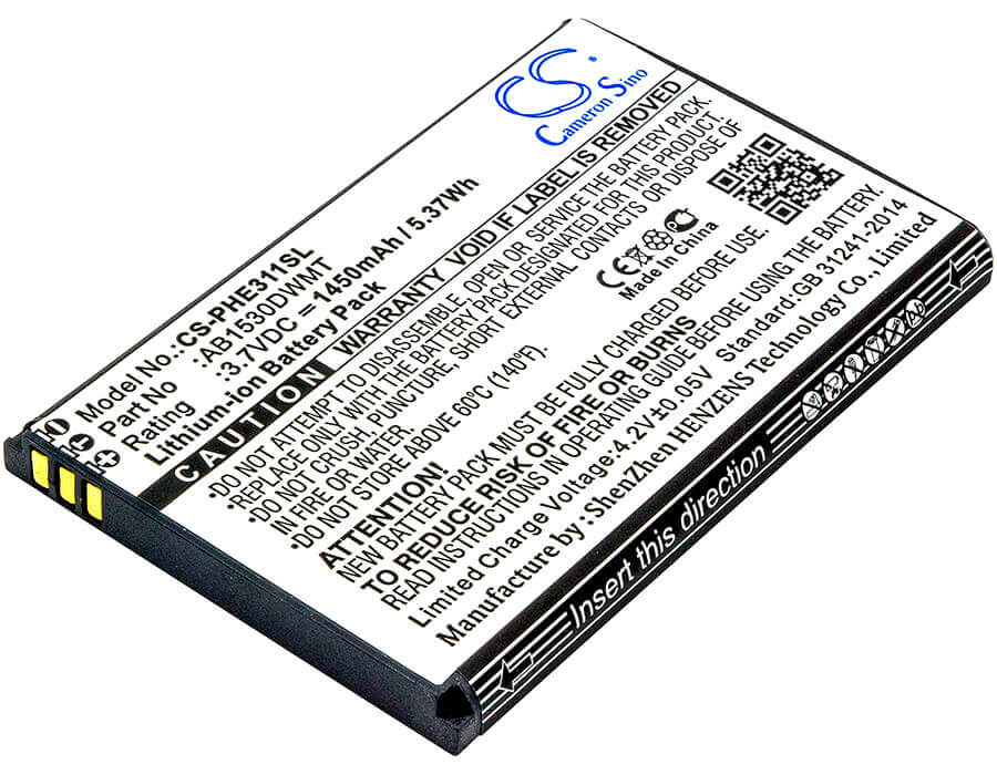 3,7V, Li-ion, 1450mAh, batterie de smartphone compatible avec Philips, Ab1530dwmt, Xenium Ct311, Xenium E311, 5,37Wh Mobile, SmartPhone Cameron Sino Technology Limited (Suspendu)