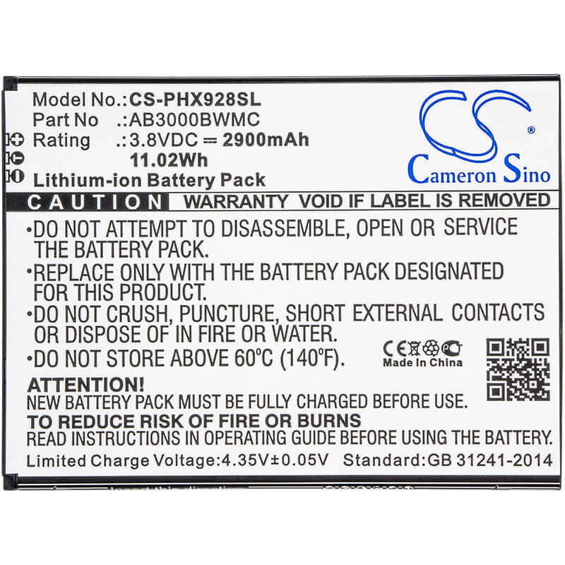 3.8V, Li-ion, 2900mAh, SmartPhone battery fits Philips, Ab3000bwmc, Xenium I928, 11.02Wh Mobile, SmartPhone Cameron Sino Technology Limited (Suspended)