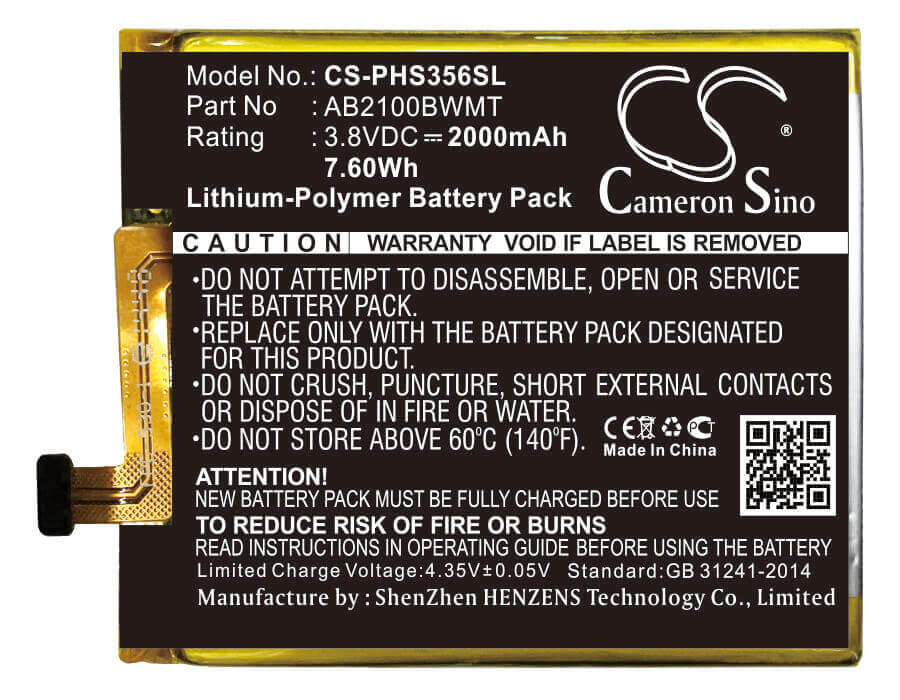 3,8V, Li-Polymer, 2000mAh, batterie de smartphone compatible avec Philips, Ab2100bwmt, Xenium S356t, 7,6Wh Mobile, Smartphone Cameron Sino Technology Limited (Smartphone)