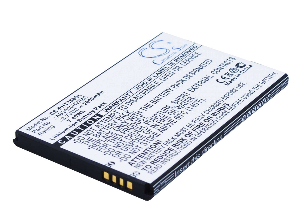 3.7V, Li-ion, 2000mAh, SmartPhone battery fits Philips, Ab2000hwmc, Ctw3568, W3568, 7.4Wh Mobile, SmartPhone Cameron Sino Technology Limited (Smartphone)