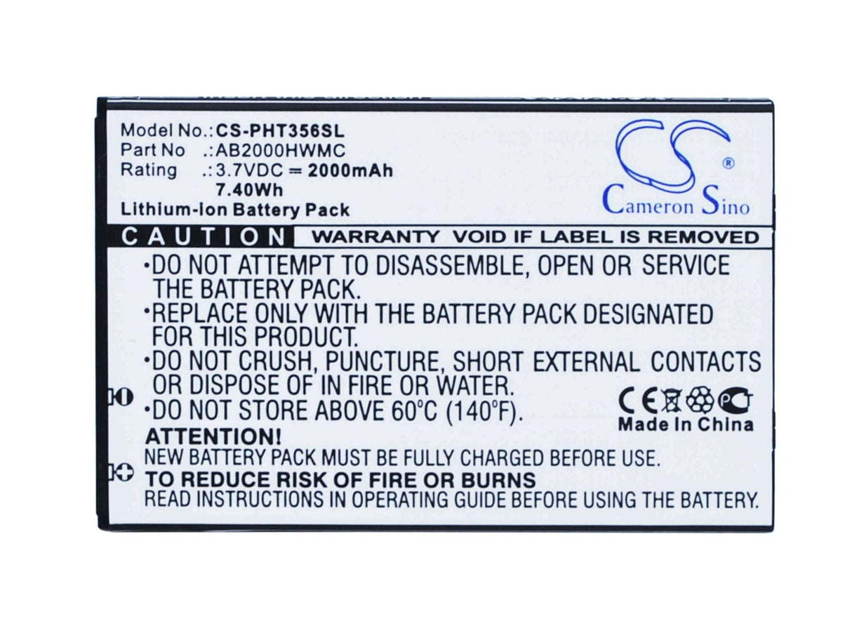 3.7V, Li-ion, 2000mAh, SmartPhone battery fits Philips, Ab2000hwmc, Ctw3568, W3568, 7.4Wh Mobile, SmartPhone Cameron Sino Technology Limited (Smartphone)