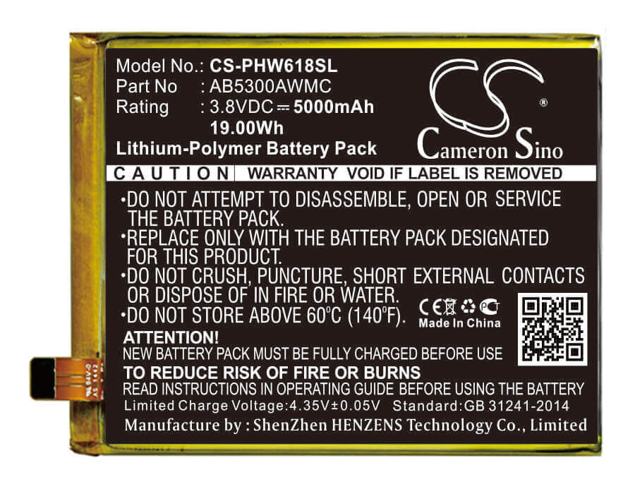 3,8V, Li-Polymère, 5000mAh, Batterie de smartphone compatible avec Philips, Ab5300awmc, Xenium W6618, 19Wh Mobile, Smartphone Cameron Sino Technology Limited (Smartphone)