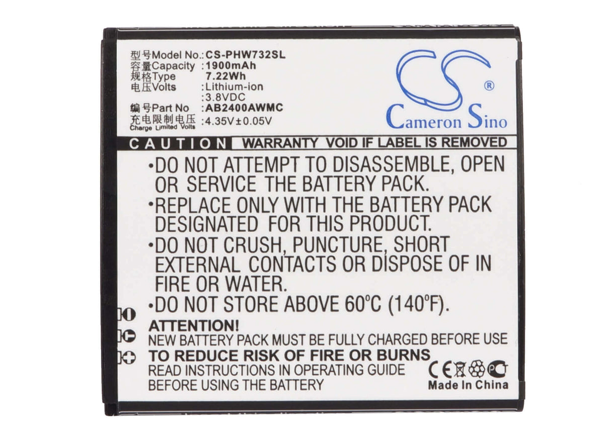 3.8V, Li-ion, 1900mAh, SmartPhone battery fits Philips, Ab2400awmc, D833, W6500, 7.22Wh Mobile, SmartPhone Cameron Sino Technology Limited (Suspended)