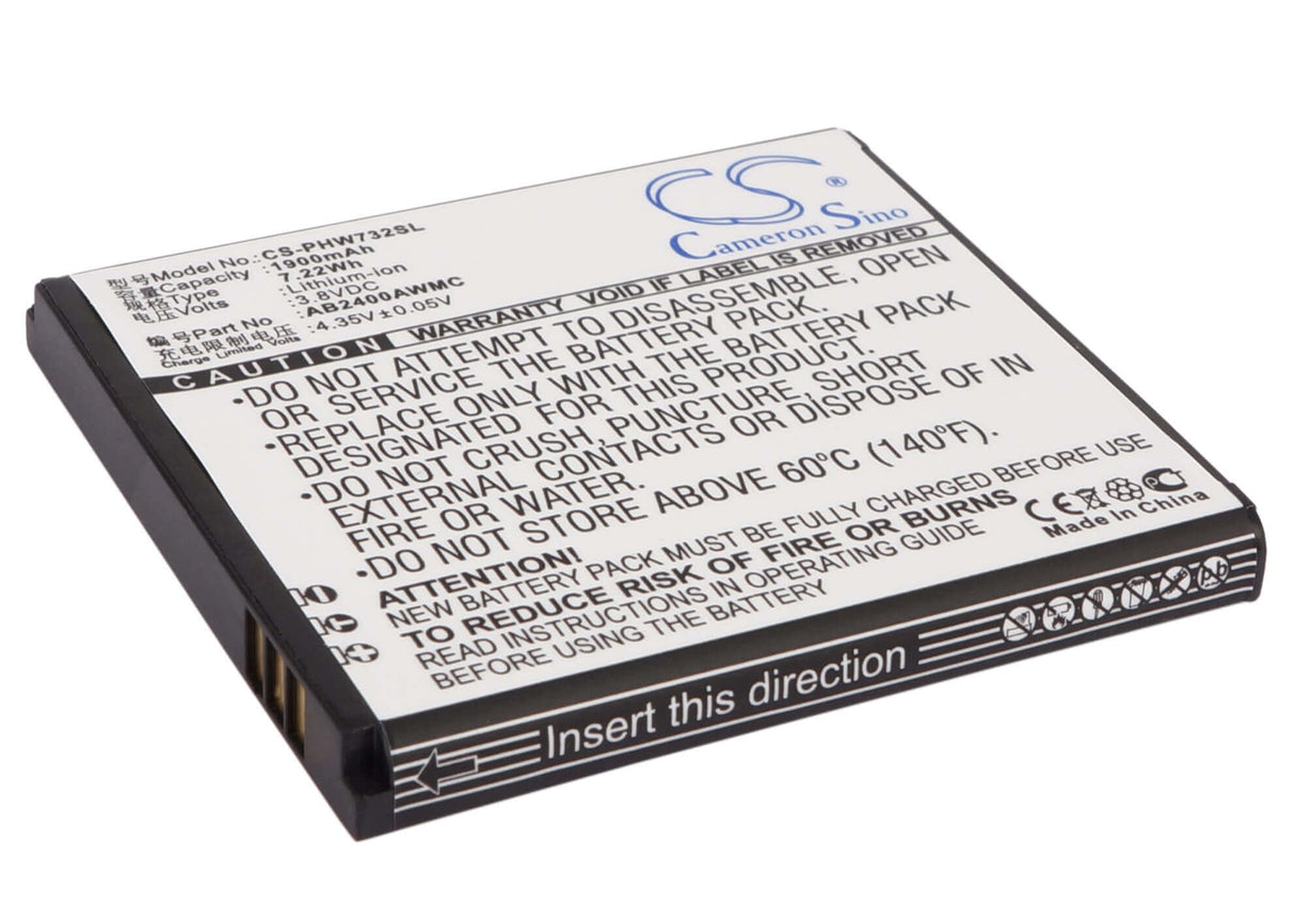 3.8V, Li-ion, 1900mAh, SmartPhone battery fits Philips, Ab2400awmc, D833, W6500, 7.22Wh Mobile, SmartPhone Cameron Sino Technology Limited (Suspended)