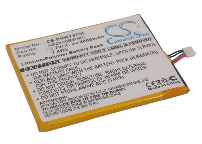 3.7V, Li-Polymer, 2000mAh, SmartPhone battery fits Philips, Ab2400bwmc, Ctw737nay, Xenium W736, 7.4Wh Mobile, SmartPhone Cameron Sino Technology Limited (Suspended)