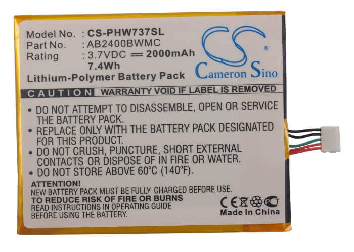 3.7V, Li-Polymer, 2000mAh, SmartPhone battery fits Philips, Ab2400bwmc, Ctw737nay, Xenium W736, 7.4Wh Mobile, SmartPhone Cameron Sino Technology Limited (Suspended)