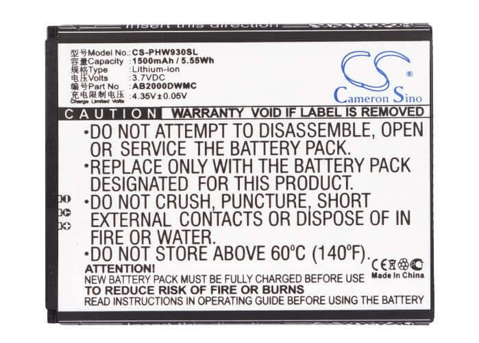 3.7V, Li-ion, 1500mAh, batterie pour smartphone compatible avec Philips, Ab2000dwmc, T939, W8578, 5.55Wh Mobile, SmartPhone Cameron Sino Technology Limited (Suspendu)