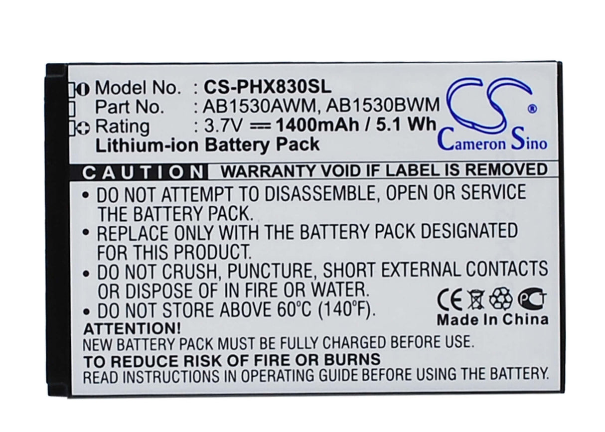3.7V, Li-ion, 1400mAh, batterie de smartphone compatible avec Philips, Ab1530awm, Xenium T910, Xenium X603, 5.18Wh Mobile, SmartPhone Cameron Sino Technology Limited (Suspendu)