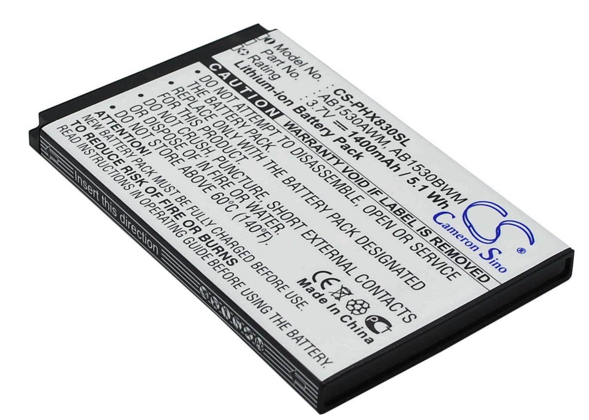 3.7V, Li-ion, 1400mAh, batterie de smartphone compatible avec Philips, Ab1530awm, Xenium T910, Xenium X603, 5.18Wh Mobile, SmartPhone Cameron Sino Technology Limited (Suspendu)