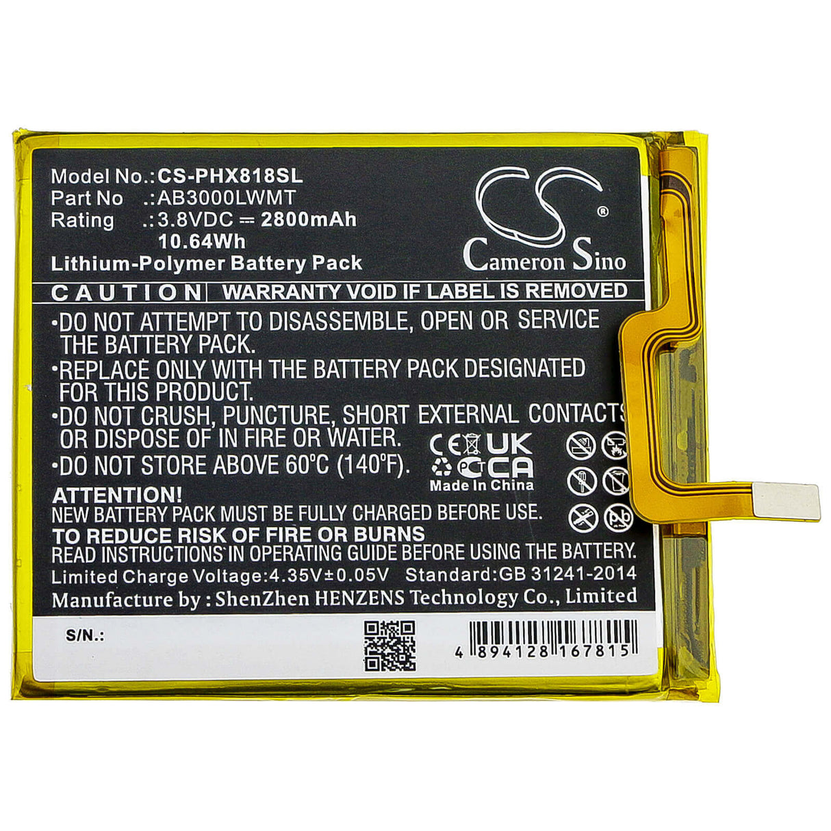 3.8V, Li-Polymer, 2800mAh, SmartPhone battery fits Philips, Ab3000lwmt, Xenium X818, 10.64Wh Mobile, SmartPhone Cameron Sino Technology Limited (Smartphone)