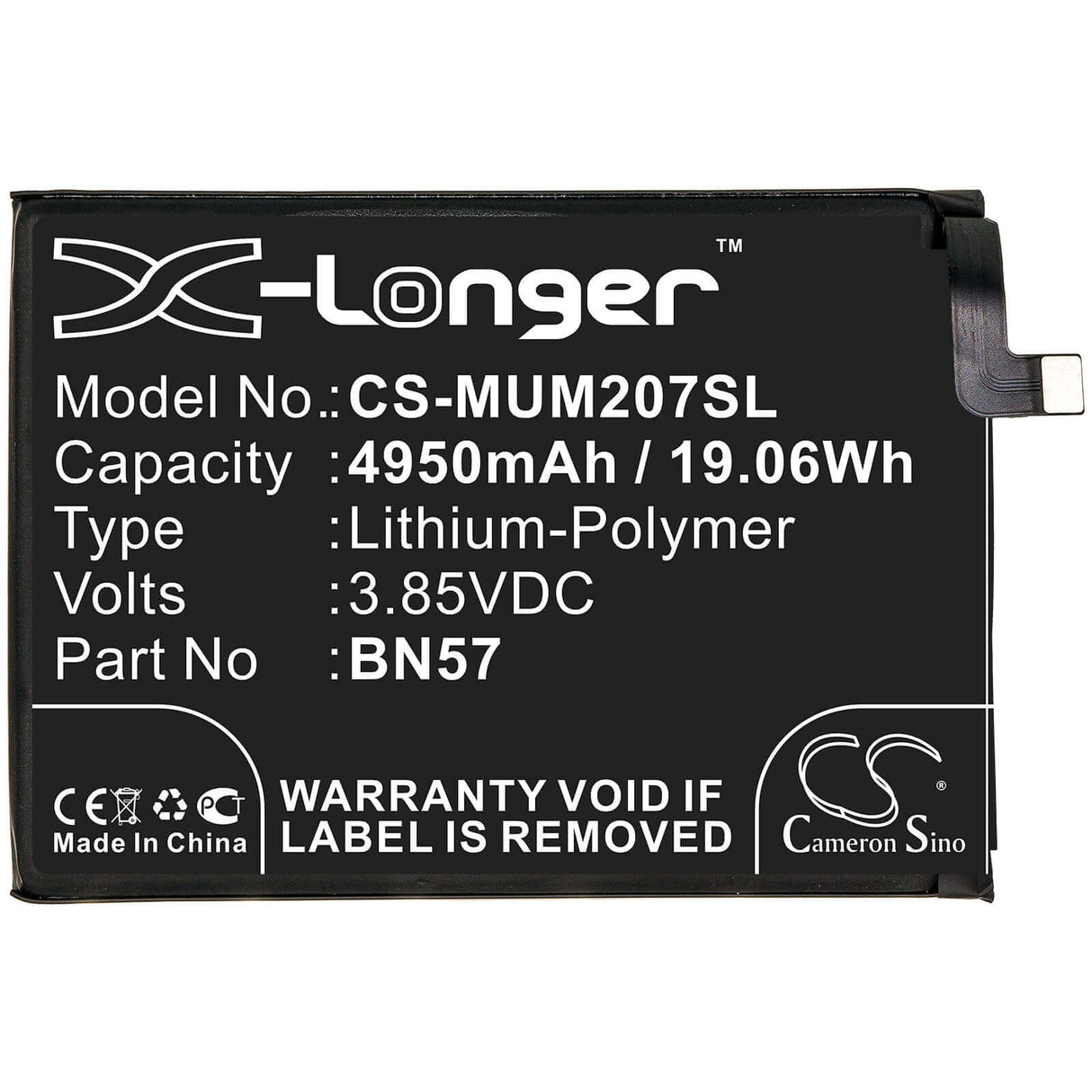3.85V, Li-Polymer, 4950mAh, SmartPhone battery fits Xiaomi, Poco, Bn57, M2007j20cg, X3 Nfc, 19.06Wh Mobile, SmartPhone Cameron Sino Technology Limited (Smartphone)