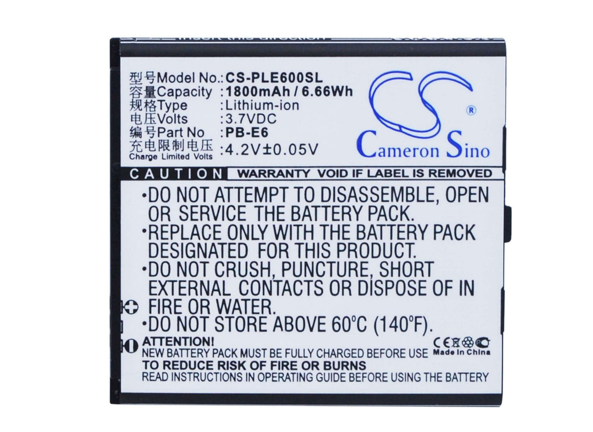 3.7V, Li-ion, 1800mAh, batterie de smartphone compatible avec Pole, Pb-e6, E6, 6.66Wh Mobile, SmartPhone Cameron Sino Technology Limited (Suspendu)