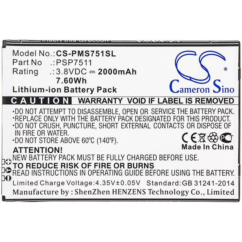 3.8V, Li-ion, 2000mAh, SmartPhone battery fits Prestigio, Psp7511, Psp7511duo, 7.6Wh Mobile, SmartPhone Cameron Sino Technology Limited (Smartphone)