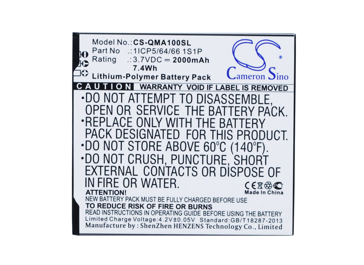 3,7V, Li-Polymère, 2000mAh, batterie pour smartphone compatible avec Qmobile, 1icp5/64/66 1s1p, A10, 7,4Wh Mobile, Smartphone Cameron Sino Technology Limited (Smartphone)
