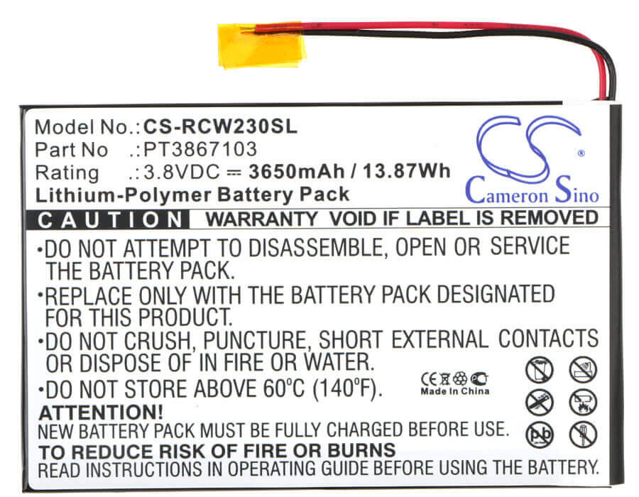 3.8V, Li-Polymer, 3650mAh, Tablet battery fits Rca, Pt3867103, 7", Rct6272w23, 13.87Wh Tablet Cameron Sino Technology Limited