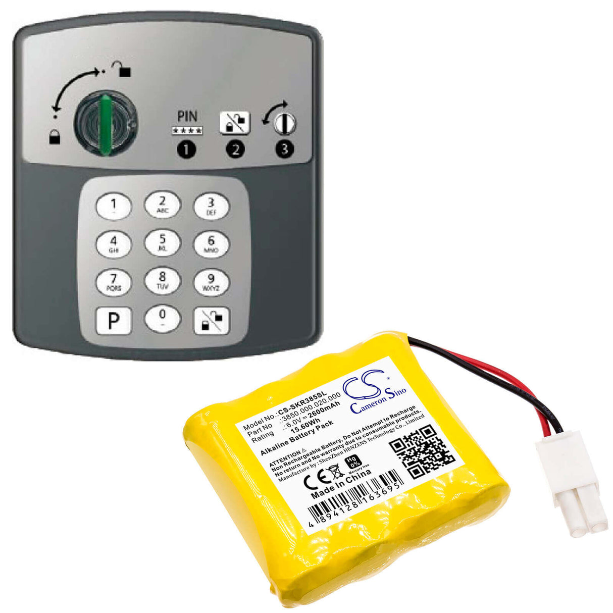 6.0V, Alkaline, 2600mAh, batterie de serrure de porte compatible avec Safe-o-kiefer, 3850.000.020.000, 3850.000.020.000, serrure à pièce, 15.6Wh serrure de porte Cameron Sino Technology Limited