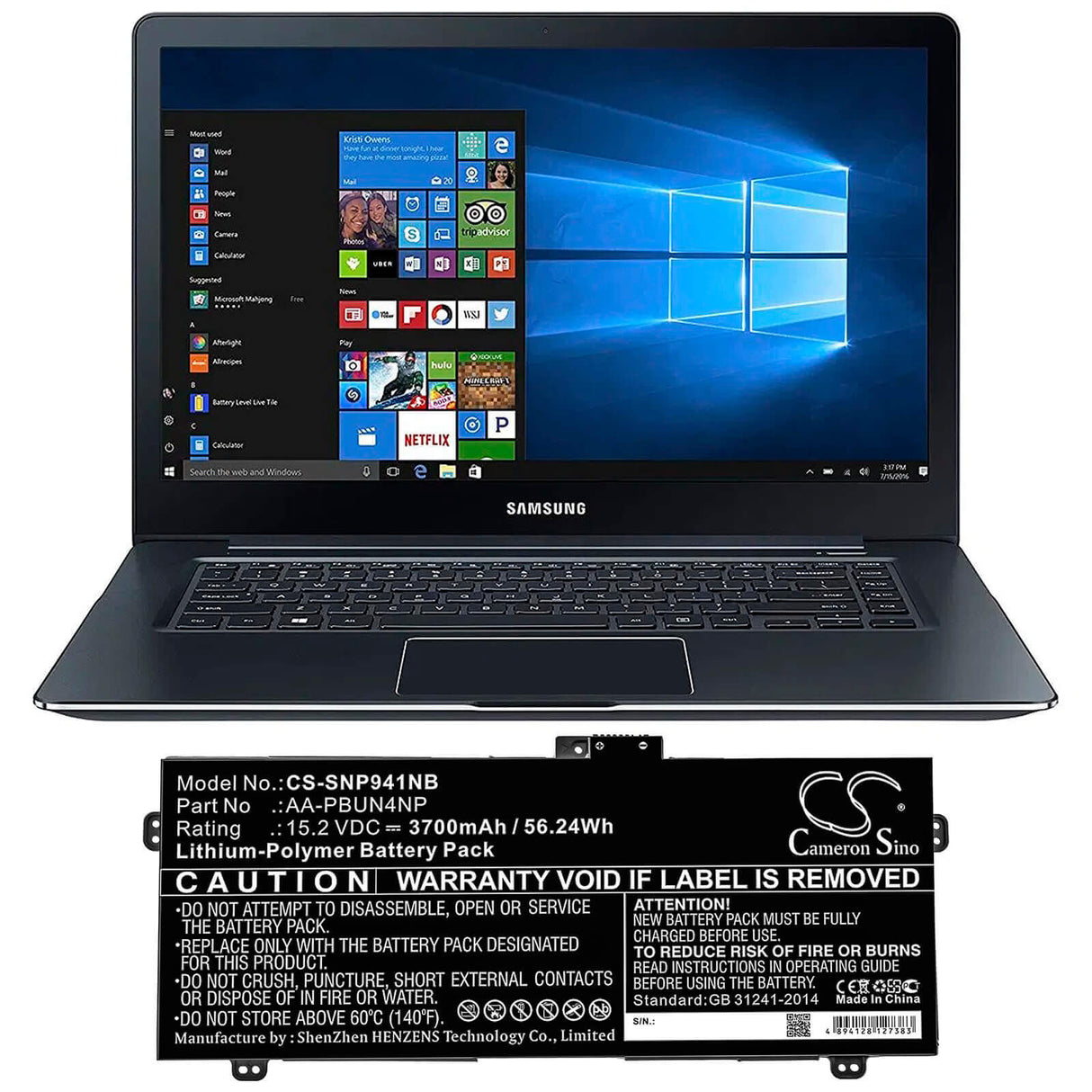 Battery For Samsung, Ativ Book 9 Pro, Np940z5j, Np940z5l 15.2v, 3700mah - 56.24wh Notebook, Laptop Cameron Sino Technology Limited