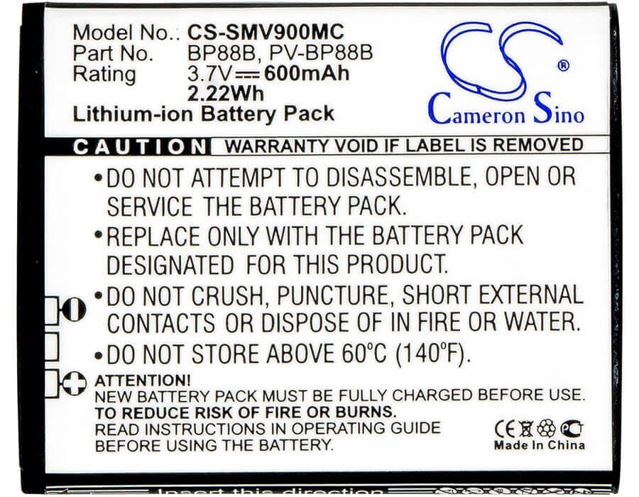 3.7V, Li-ion, 600mAh, Camera battery fits Samsung, Bp88b, Ec-mv900fbpwus, Mv900, 2.22Wh Camera Cameron Sino Technology Limited (Suspended)