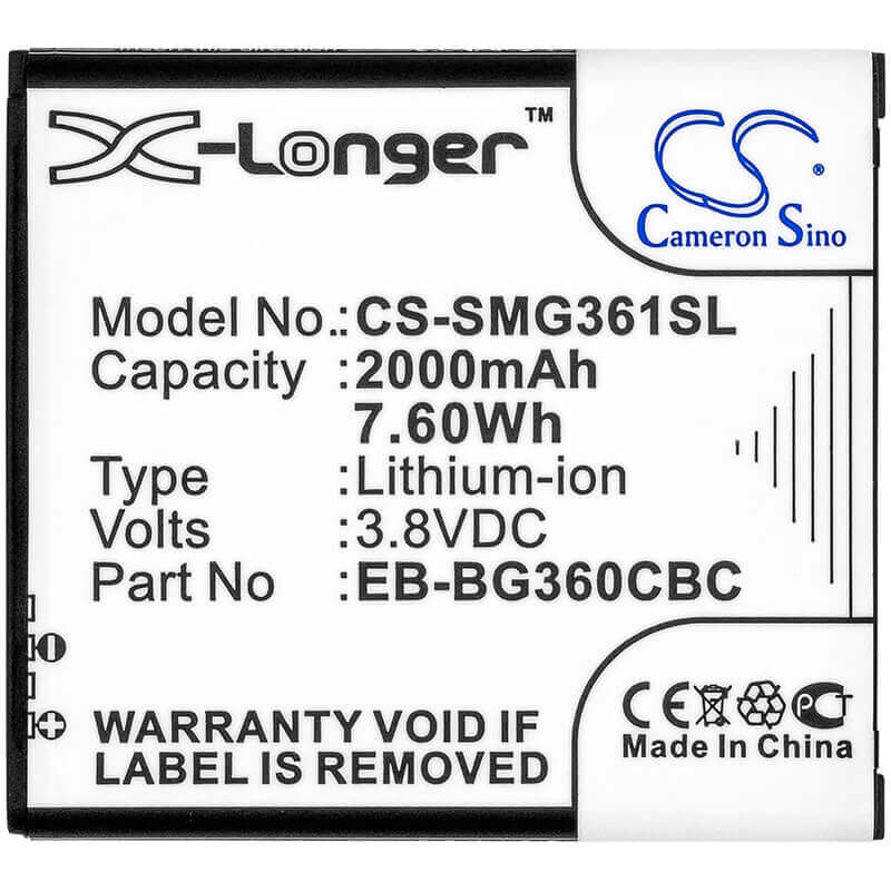 3.8V, Li-ion, 2000mAh, SmartPhone battery fits Samsung, Eb-bg360bbe, Galaxy Core Prime, Galaxy Core Prime Cdma, 7.6Wh Mobile, SmartPhone Cameron Sino Technology Limited (Smartphone)