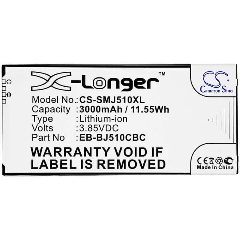 3.85V, Li-ion, 3000mAh, SmartPhone battery fits Samsung, Eb-bj510cbc, Galaxy J5 2016, Galaxy J5 6 Duos, 11.55Wh Mobile, SmartPhone Cameron Sino Technology Limited (Smartphone)