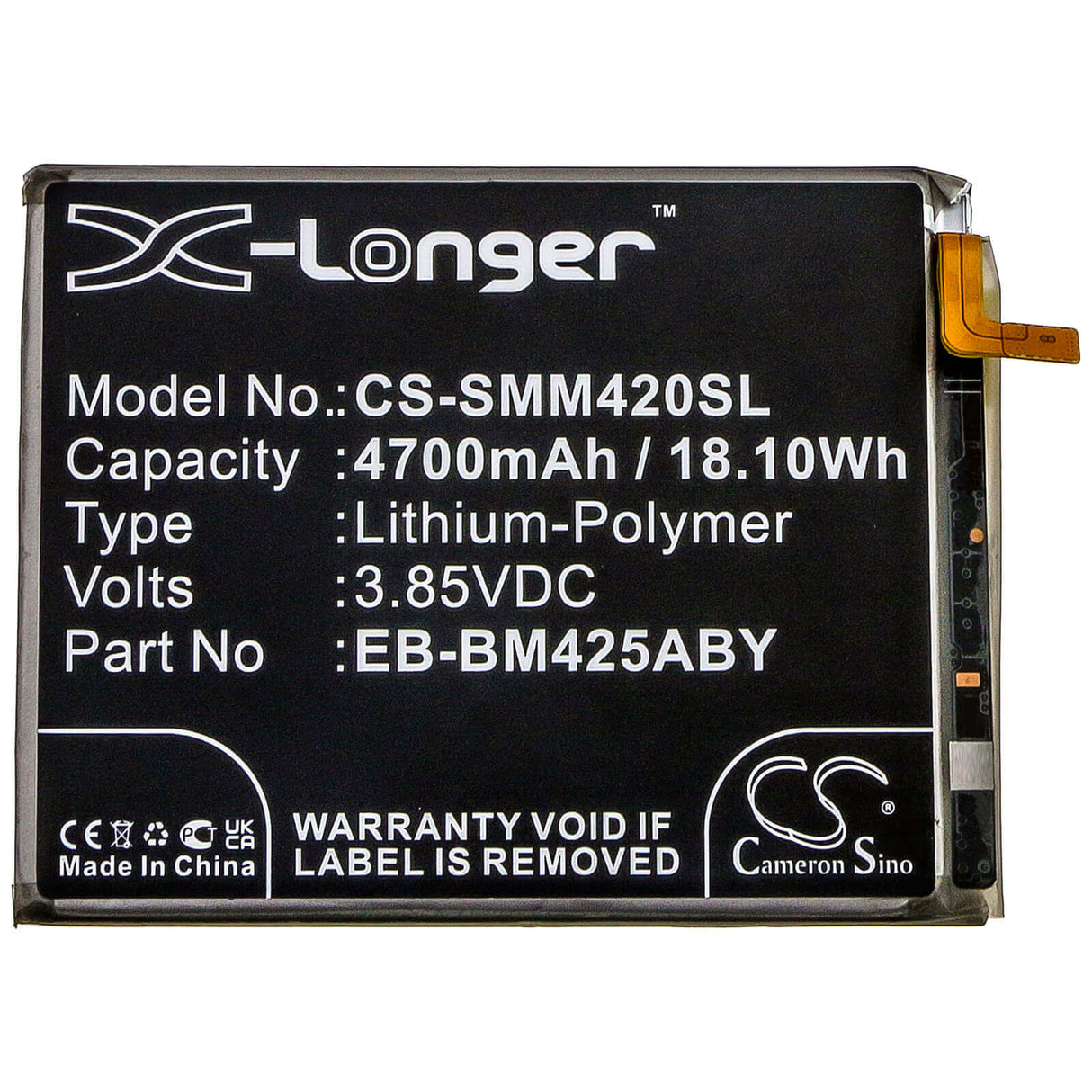 3.85V, Li-Polymer, 4700mAh, SmartPhone battery fits Samsung, Eb-bm425aby, Galaxy M42, 18.1Wh Mobile, SmartPhone Cameron Sino Technology Limited (Smartphone)