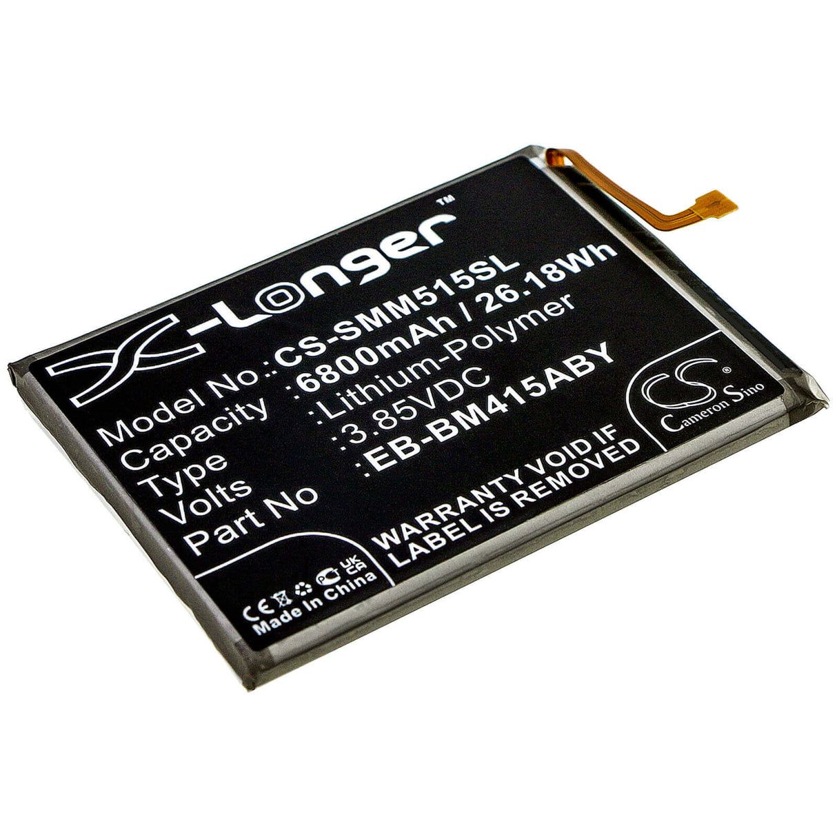 3.85V, Li-Polymer, 6800mAh, SmartPhone battery fits Samsung, Eb-bm415aby, Galaxy M51, Sm-m515, 26.18Wh Mobile, SmartPhone Cameron Sino Technology Limited (Smartphone)