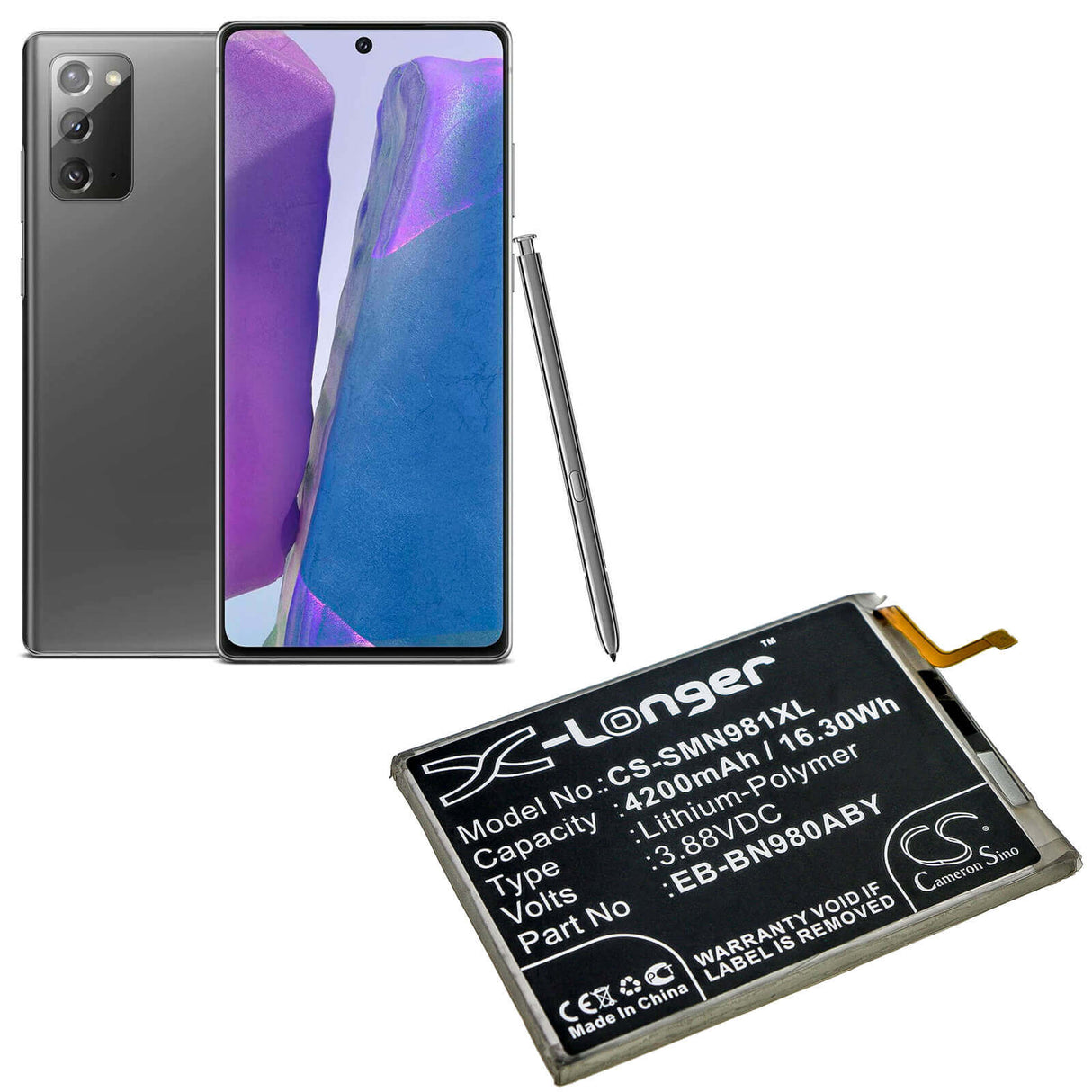 3.88V, Li-Polymer, 4200mAh, SmartPhone battery fits Samsung, Eb-bn980aby, Galaxy Note 20, Galaxy Note 20 5g, 16.3Wh Mobile, SmartPhone Cameron Sino Technology Limited (Smartphone)