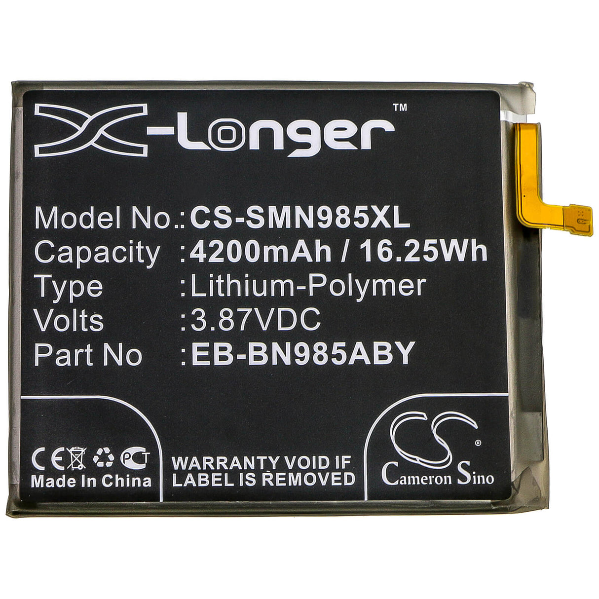 3,87V, Li-Polymer, 4200mAh, batterie de smartphone adaptée pour Samsung, Eb-bn985aby, Galaxy Note 20 Ultra, Galaxy Note 20 Ultra Uw 5g, 16,25Wh Mobile, Smartphone Cameron Sino Technology Limited (Smartphone)