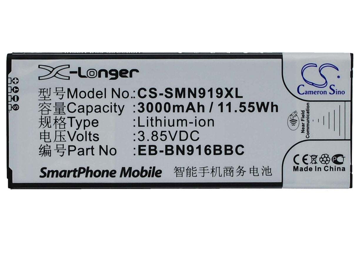 3.85V, Li-ion, 3000mAh, SmartPhone battery fits Samsung, (Black),Eb-bn916bbc, Galaxy Note 4 ( China Mobile ), Sm-n9100, 11.55Wh Mobile, SmartPhone Cameron Sino Technology Limited (Smartphone)