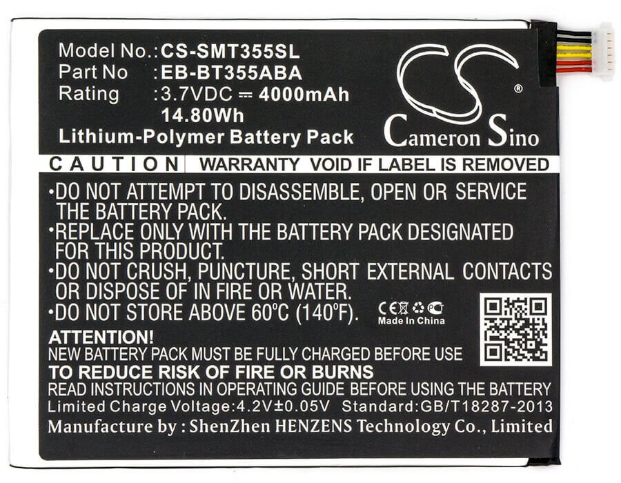 3.7V, Li-Polymer, 4000mAh, Tablet battery fits Samsung, Eb-bt355abe, Galaxy Tab A 8.0 Lte, Galaxy Tab A 8.0 Sm-t355, 14.80Wh Tablet Cameron Sino Technology Limited
