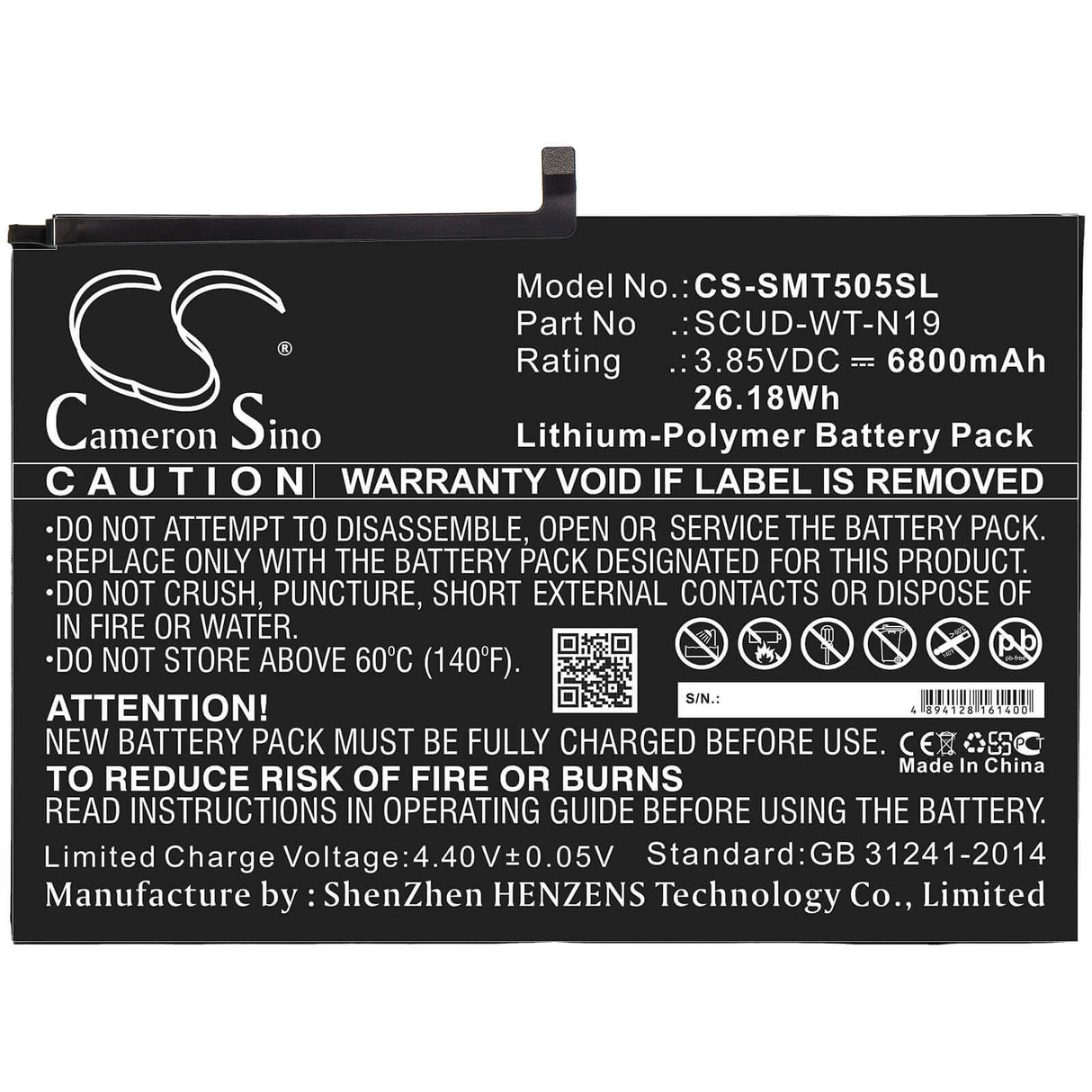 3.85V, Li-Polymer, 6800mAh, Tablet battery fits Samsung, Scud-wt-n19, Galaxy Tab A7 10.4 2020, Sm-t500, 26.18Wh Tablet Cameron Sino Technology Limited