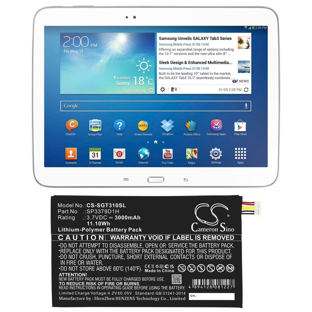 3.7V, Li-Polymer, 3000mAh, Tablet battery fits Samsung, Aaad415js/7-b, Galaxy Tab 3, Galaxy Tab 3 8.0, 11.10Wh Tablet Cameron Sino Technology Limited