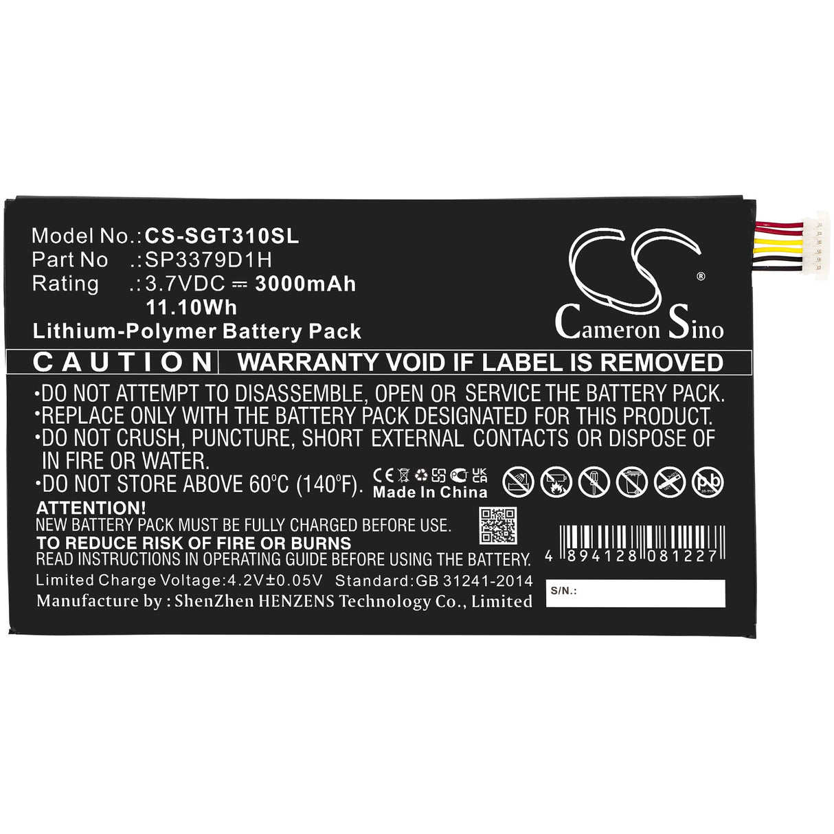3.7V, Li-Polymer, 3000mAh, Tablet battery fits Samsung, Aaad415js/7-b, Galaxy Tab 3, Galaxy Tab 3 8.0, 11.10Wh Tablet Cameron Sino Technology Limited